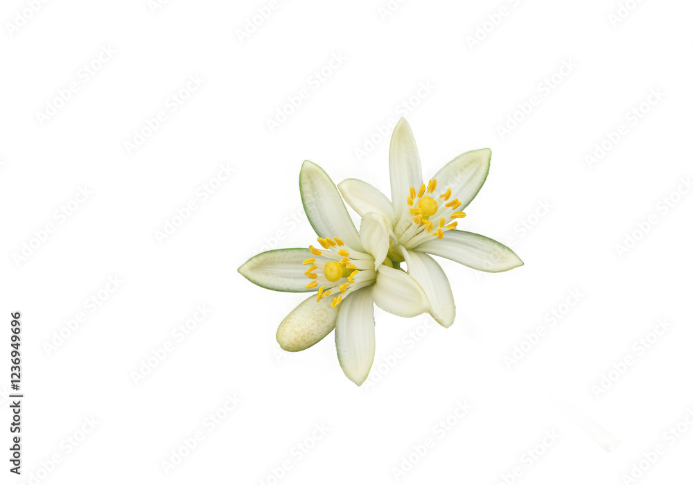 Naklejka premium Citrus flower with green leaves isolated on White background