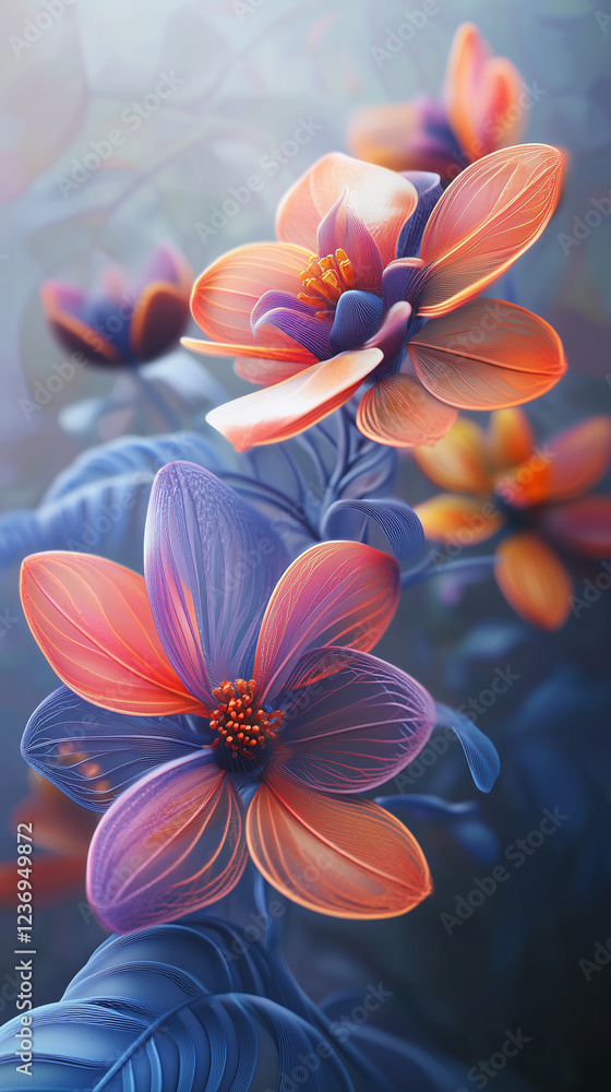 Several 3d printed flowers in a colorful composition Several 3d printed flowers in a colorful composition