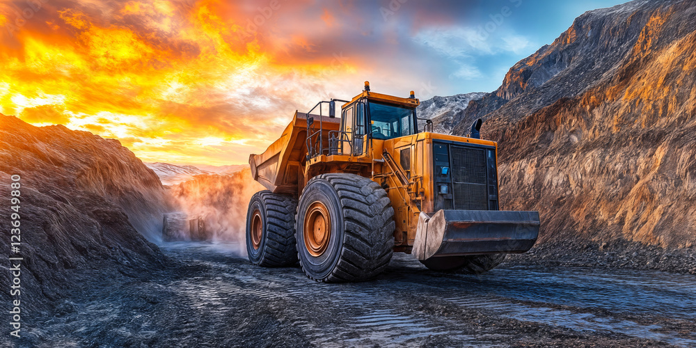 Autonomous Earthmoving Machine in Action at Sunset in Rugged Terrain for Sustainable Industry Solutions Autonomous Earthmoving Machine in Action at Sunset in Rugged Terrain for Sustainable Industry Solutions