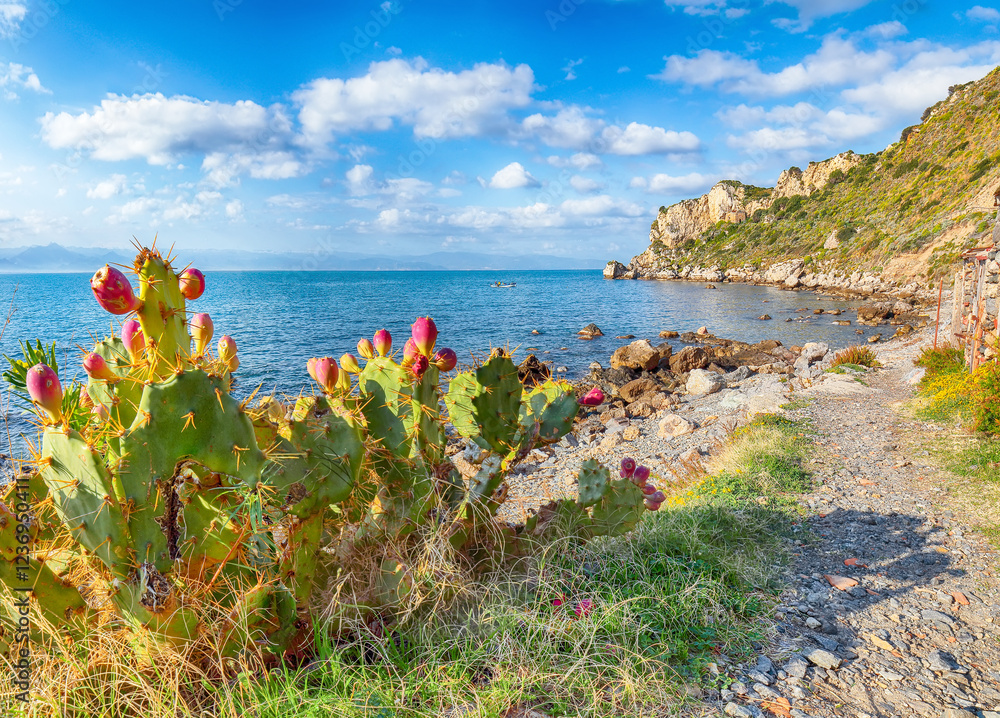 Scenic spring view on the the cape Milazzo panorama of nature reserve Piscina di Venere.