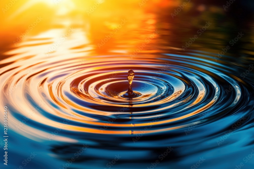 Sunset water drop ripples, calm lake reflection. Nature background, website header. Sunset water drop ripples, calm lake reflection. Nature background, website header.