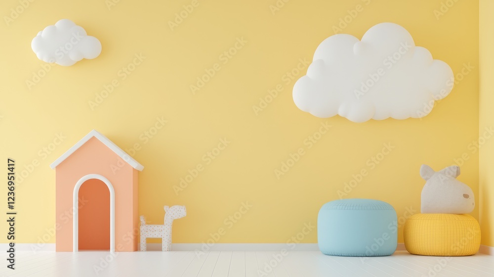 Playful kids room interior, yellow wall, clouds, toys