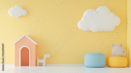 Obraz na płótnie Playful kids room interior, yellow wall, clouds, toys w salonie