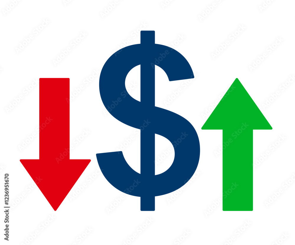 Dollar sign with up and down arrows, capital raising and lowering, decrease or increase interest rates, investment concept Dollar sign with up and down arrows, capital raising and lowering, decrease or increase interest rates, investment concept