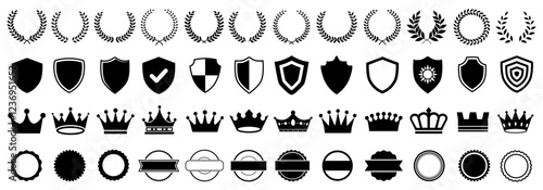 Laurel wreath, shield, crown and banners set