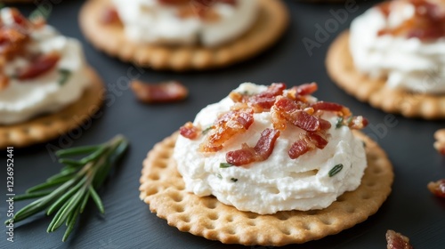 Savory ritz crackers with whipped honey ricotta and crispy bacon topping for elegant appetizers photo