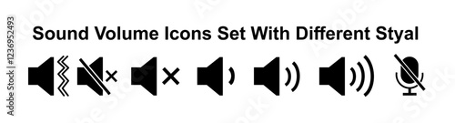 Sound volume icons set with different signal levels on white background. Аn icon that increases and reduces the sound. Sound icon, volume symbol, speaker sign, audio control icon set.