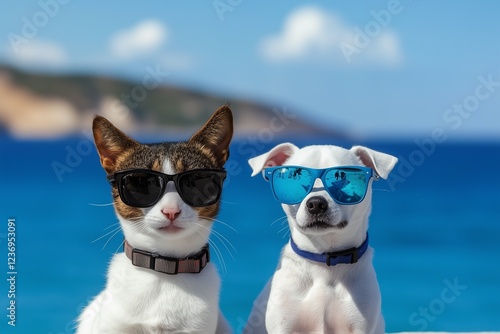 Cute cat and dog wearing sunglasses. photo