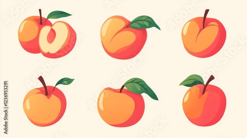 A collection of fresh, juicy peaches. The cute fruit is drawn in a simple flat style. Available in vector format for easy editing.