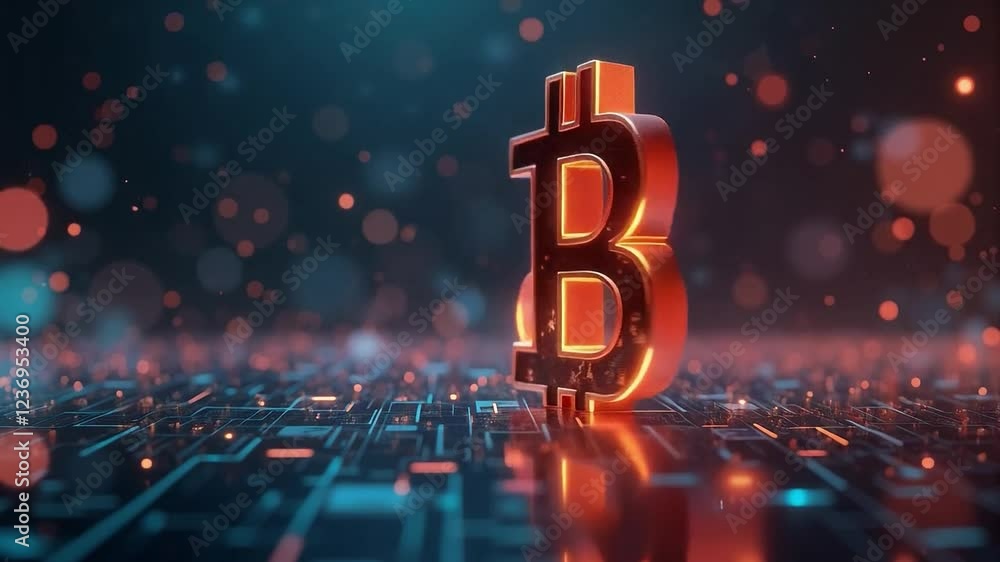Glowing Bitcoin: Futuristic Circuit Board Crypto Currency. Spinning Symbol Glowing Bitcoin: Futuristic Circuit Board Crypto Currency. Spinning Symbol