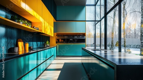 Modern bright kitchen with blue and yellow cabinets in sunlit home