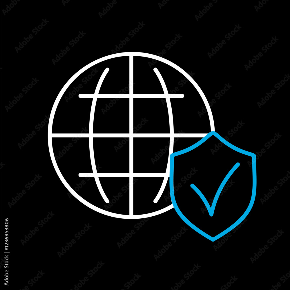 Global shield vector icon on black background Global shield vector icon on black background