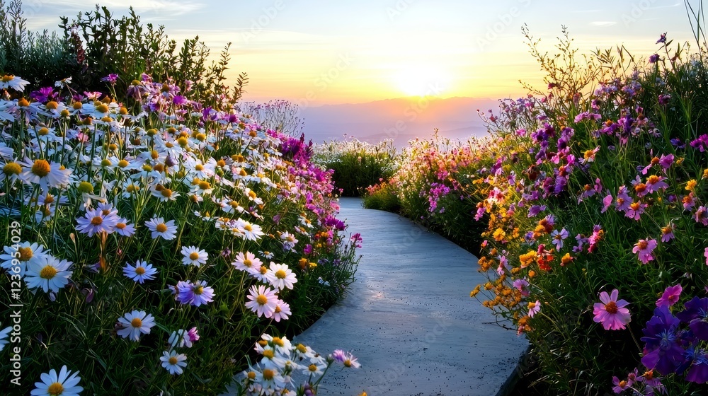 Serene Pathway Through Colorful Flower Garden at Sunset Serene Pathway Through Colorful Flower Garden at Sunset