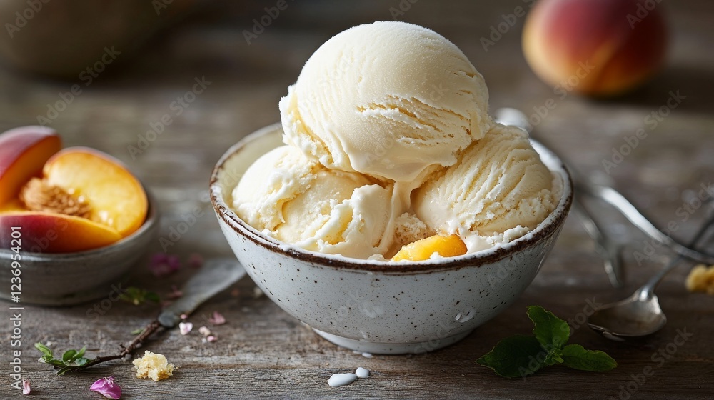 Creamy vanilla ice cream melts into warm, juicy peach cobbler, creating a sweet and delicious dessert. Creamy vanilla ice cream melts into warm, juicy peach cobbler, creating a sweet and delicious dessert.