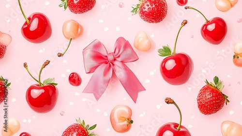 Cute pattern of cherries with bows and strawberries on a pink background, made using digital tools.