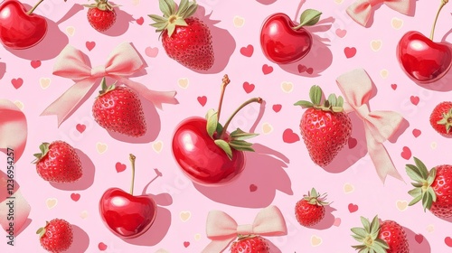 Cute pattern of cherries with bows and strawberries on a pink background, made using digital tools.
