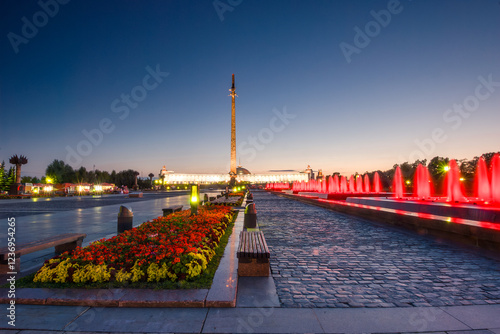 Evening view of the fountains of the Victory Monument on Poklonnaya Hill in Moscow. Russia