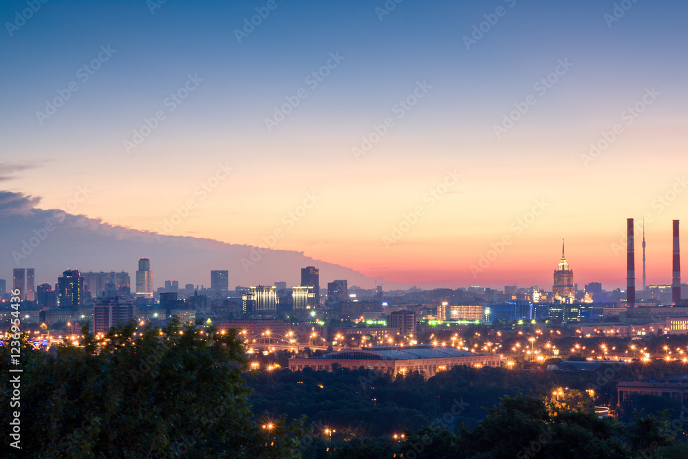 The pre-dawn mesmerizing urban landscape of Moscow in summer The pre-dawn mesmerizing urban landscape of Moscow in summer