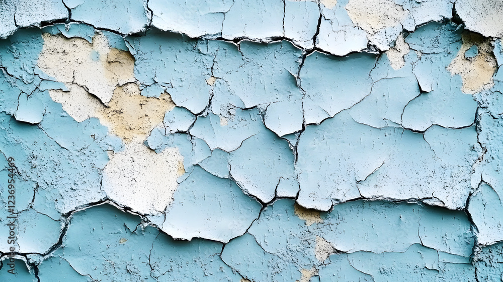 Obraz premium Textured blue wall with cracked paint and rough uneven surface featuring empty space for text and graphic design elements.
