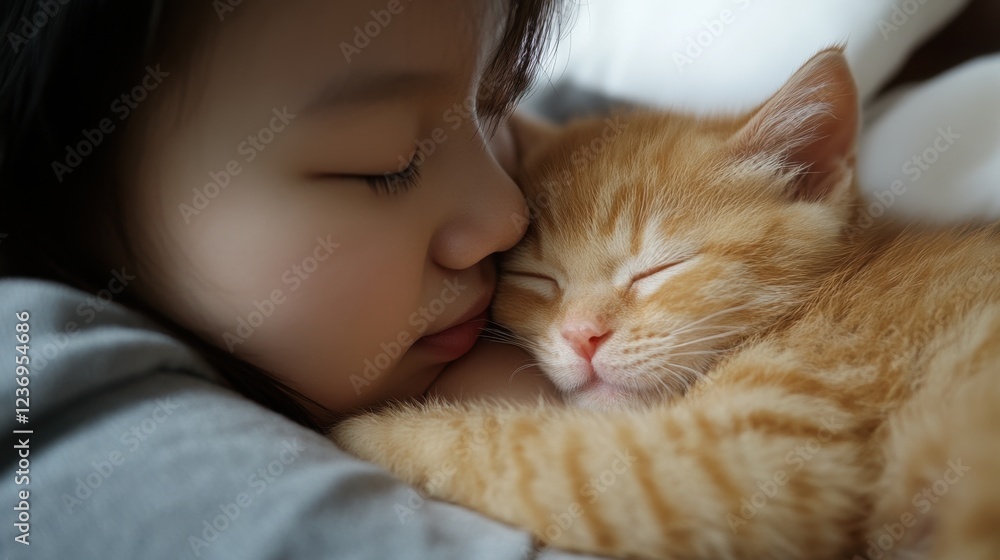Adorable child and kitten sleeping peacefully displaying innocence and friendship. International Hug Your Cat Day Adorable child and kitten sleeping peacefully displaying innocence and friendship. International Hug Your Cat Day
