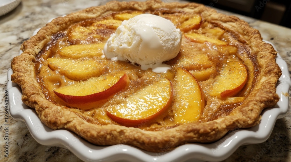 Enjoy a warm and delicious summer peach cobbler, a homemade sweet pie filled with juicy peaches and topped with creamy vanilla ice cream. Enjoy a warm and delicious summer peach cobbler, a homemade sweet pie filled with juicy peaches and topped with creamy vanilla ice cream.