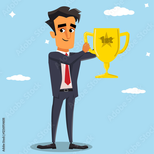 Businessman holding a 1st place golden trophy, success or victory in business concept, company winning or achieving a goal idea, succeed in career