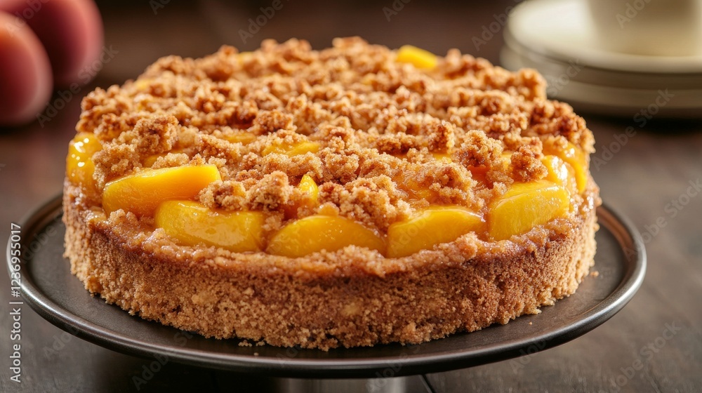 Indulge in a delectable peach cake topped with a crispy, flavorful crumble. Indulge in a delectable peach cake topped with a crispy, flavorful crumble.