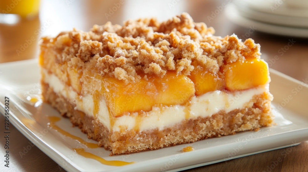 Indulge in a delectable peach cake topped with a crispy, flavorful crumble. Indulge in a delectable peach cake topped with a crispy, flavorful crumble.