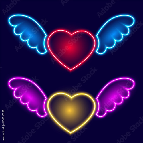 Neon hearts with wings, isolated vector illustration.