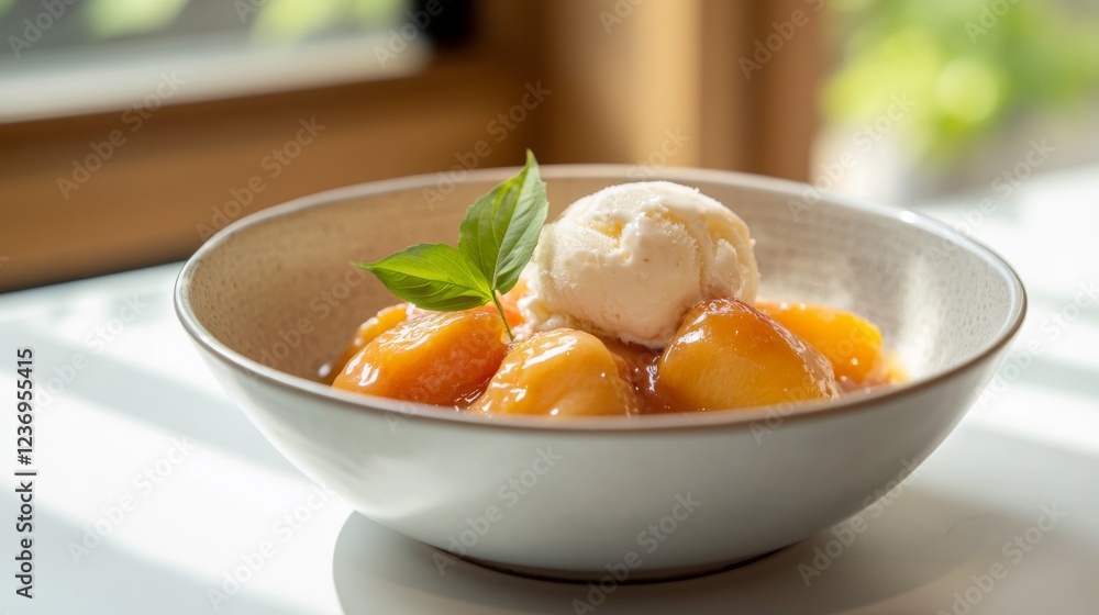 Peach cobbler and ice cream in a bowl on a white table Peach cobbler and ice cream in a bowl on a white table