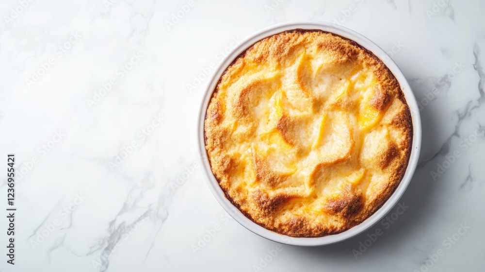 Peach cobbler freshly baked in a dish on white marble background Peach cobbler freshly baked in a dish on white marble background