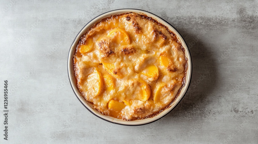 Peach cobbler in a baking dish on a gray surface, seen from above. Peach cobbler in a baking dish on a gray surface, seen from above.