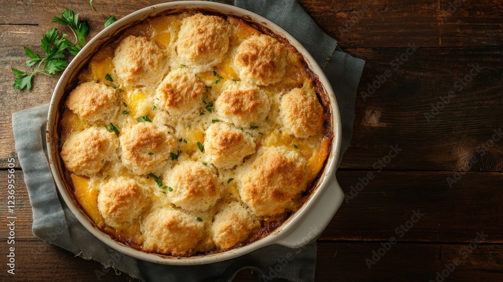 Peach cobbler is a sweet dish made with peaches and a biscuit or cobbler topping, served in a baking dish. Peach cobbler is a sweet dish made with peaches and a biscuit or cobbler topping, served in a baking dish.