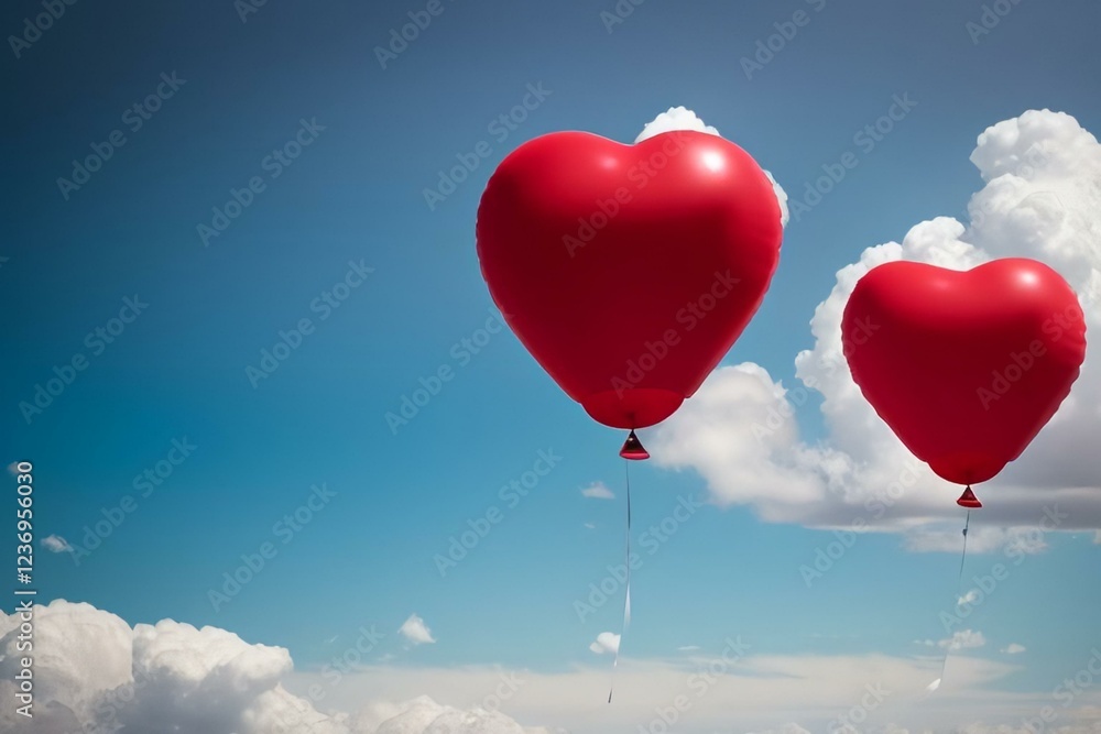 red heart shaped balloons Floating in the air with clouds in the background. red heart shaped balloons Floating in the air with clouds in the background.