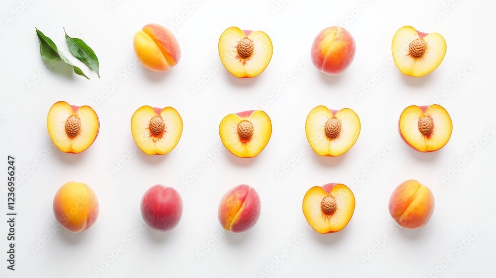 Ripe peaches in different cuts isolated on a white background. Whole peaches with a leaf, cut in half or quarters, without seeds for juice or jams. Natural organic food. Ripe peaches in different cuts isolated on a white background. Whole peaches with a leaf, cut in half or quarters, without seeds for juice or jams. Natural organic food.