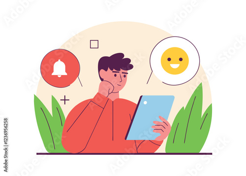 A man holds a digital tablet computer in his hands. A thoughtful adult looks at a tablet device, reads and smiles. An employee is working with a gadget in his hand. Flat vector illustration