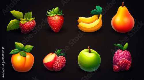 Set of fruit and berry icons including strawberry, peach, apple, raspberry, pear, banana, and orange.