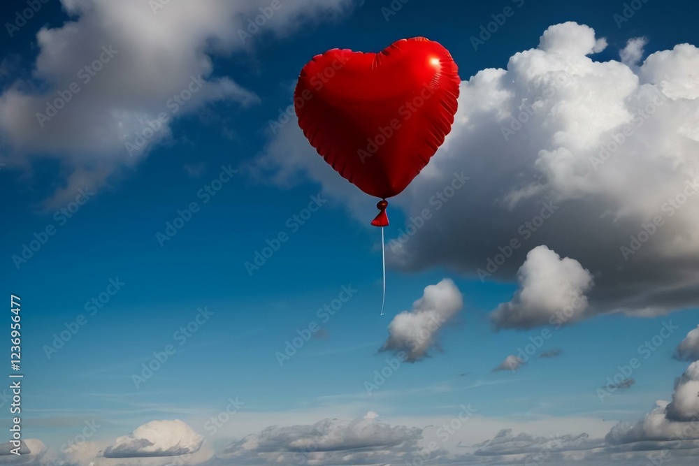 Obraz premium red heart shaped balloons Floating in the air with clouds in the background.