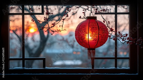 Red Lantern Hanging in Window at Sunset photo