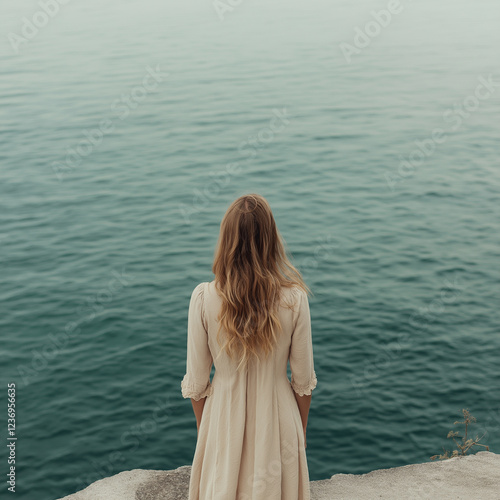 Aesthetic photo of a woman in a dress looking  at the sea