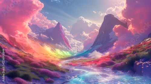 Rainbow Hills A Surreal Landscape of Vibrant Colors and Flowing Rivers