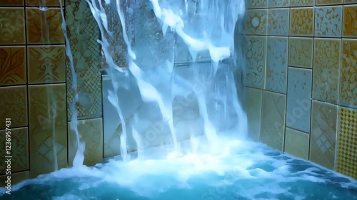 Mesmerizing cascade of waterfalls over rustic stone wall in motion