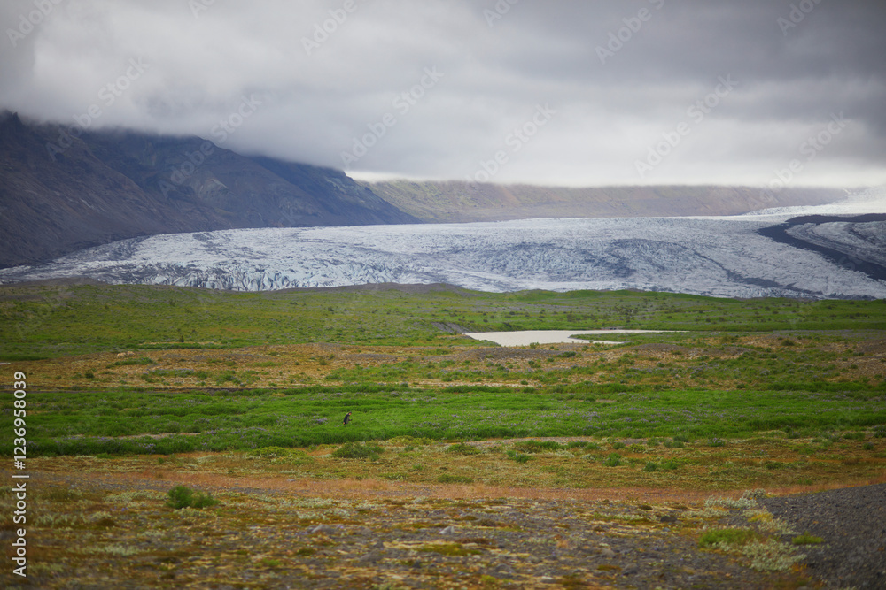 Scenic view of black volcanic mountains and Vatnajokull (Vatna glacier) in Iceland. Scenic view of black volcanic mountains and Vatnajokull (Vatna glacier) in Iceland.