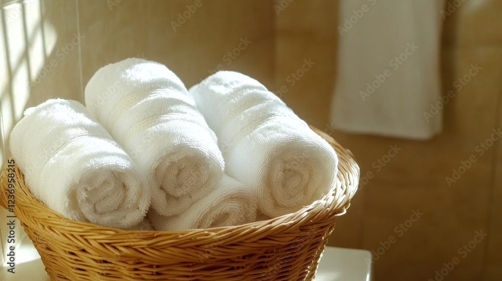 Obraz premium Towel Cozy white rolled towels in a woven basket illuminated by warm natural light