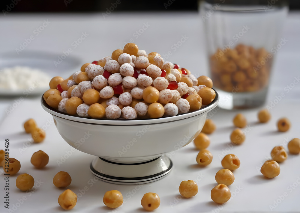 Bowl of traditional Italian struffoli, dusted with powdered sugar and garnished with red candies, perfect for festive celebrations Bowl of traditional Italian struffoli, dusted with powdered sugar and garnished with red candies, perfect for festive celebrations