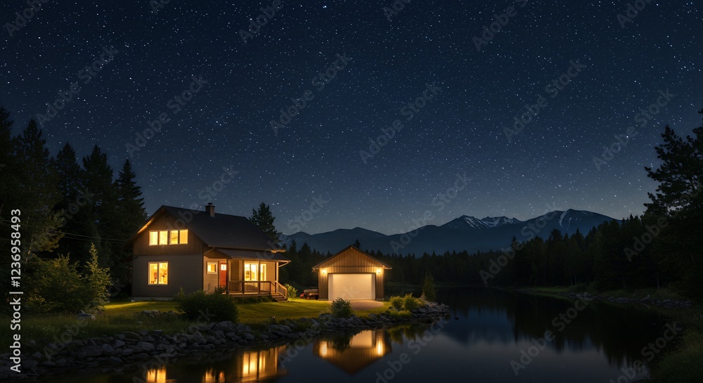 Lakefront Cabin Night Scene Starry Sky Mountain View Lakefront Cabin Night Scene Starry Sky Mountain View