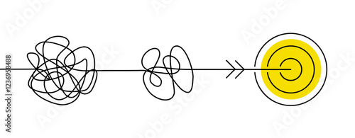 Continuous one line drawing of chaos tangle which gradually turns into achievement target, problem solving concept, trouble solution, brainstorming process - vector