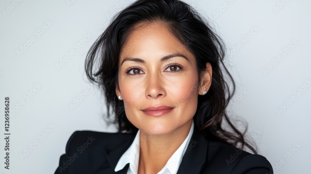Confident hispanic adult female with professional attire and warm smile. National Internship Awareness Month Confident hispanic adult female with professional attire and warm smile. National Internship Awareness Month