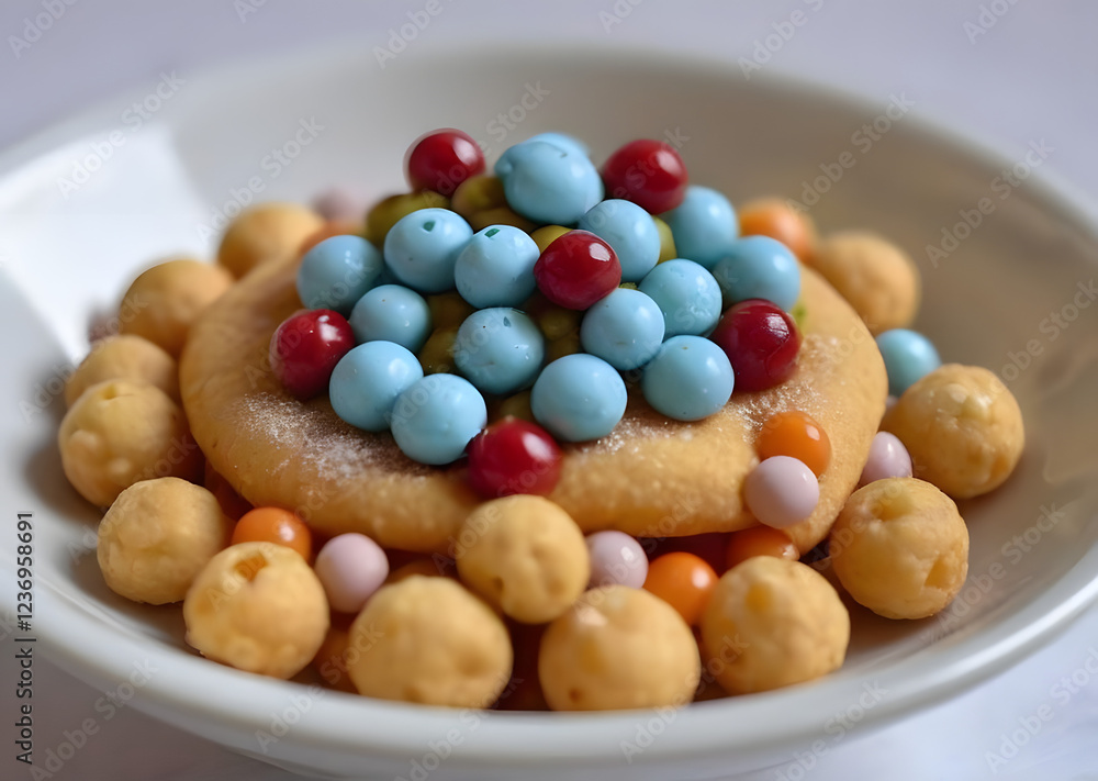 Close-up of struffoli with colorful candy toppings, showcasing the festive and sweet nature of this Italian dessert. Close-up of struffoli with colorful candy toppings, showcasing the festive and sweet nature of this Italian dessert.