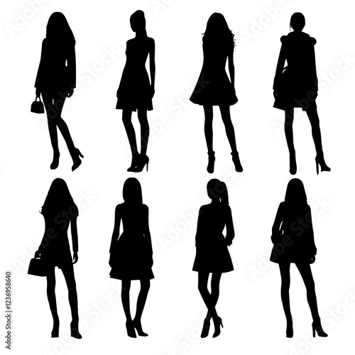Silhouettes of stylish women in various poses and outfits against 